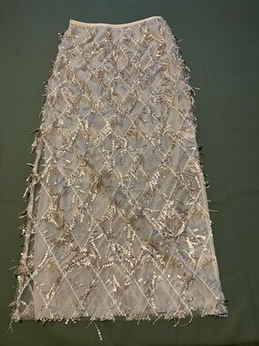 Champagne Sequin Beaded Mesh Midi Skirt Diamond Lattice Fringe Size M